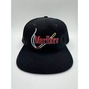 Vintage Marlboro Cigarette Snapback Hat Black Embroidered Tobacco Promo Cap